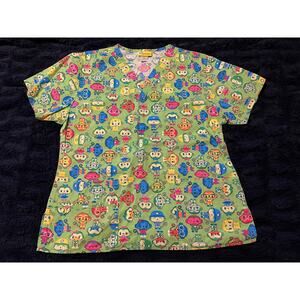 WonderWink Scrub Top Women’s Medium Green Cartoon Print Nurse Healthcare EUC
